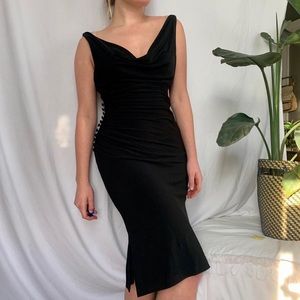 Sexy 90s Vintage Black Slit Dress in Midnight